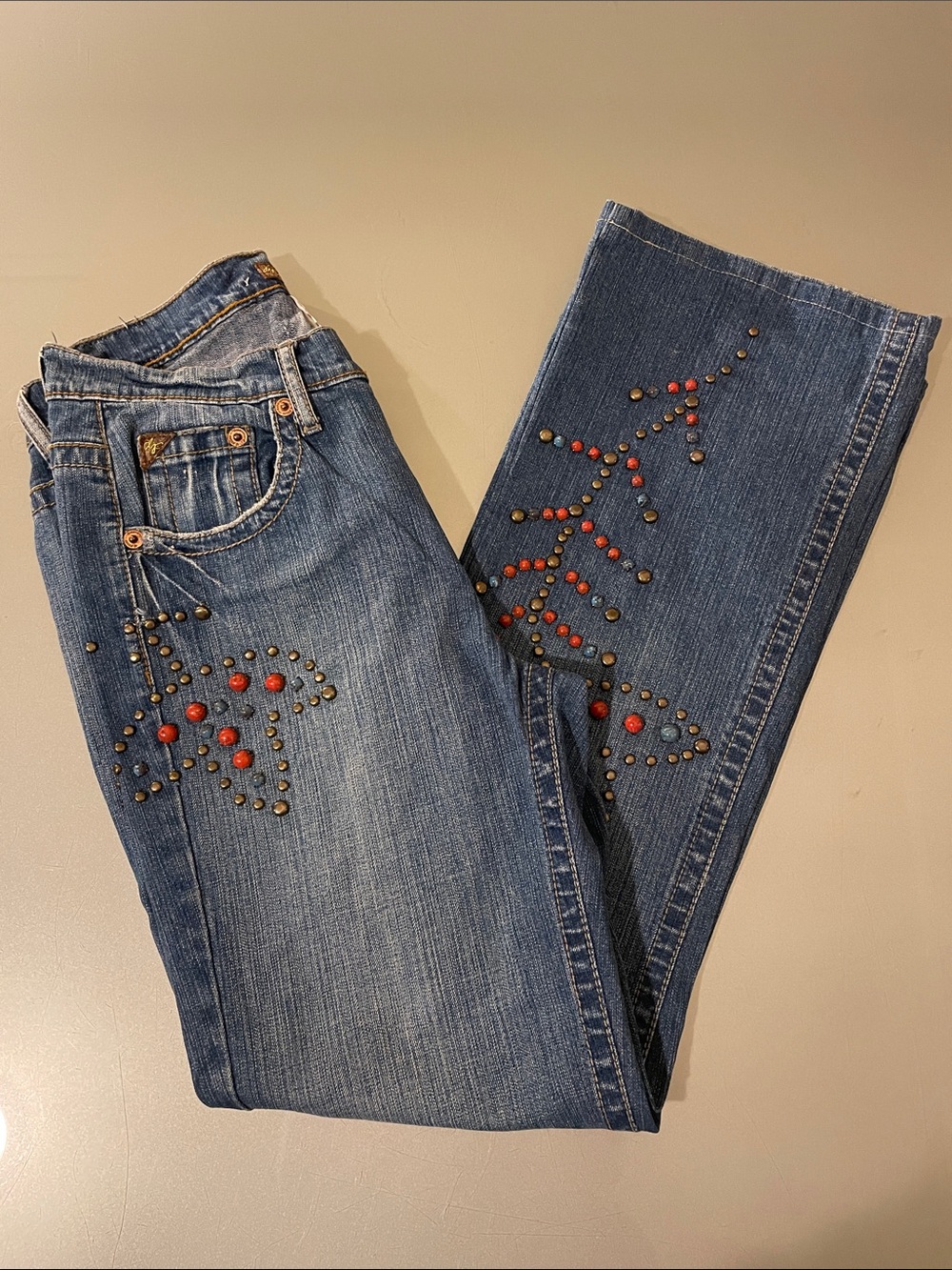 Embellished Blue Straight-Leg Jeans with Floral Stud Detail | 10